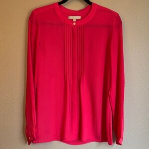Banana Republic SMALL Vibrant Coral Pink Silky Pleated Long Sleeve Button Blouse